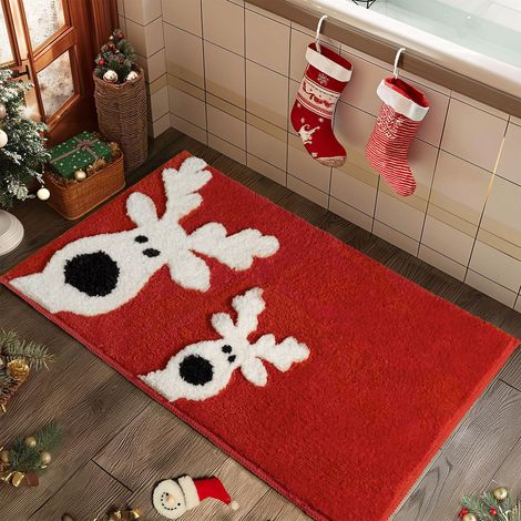 Alfombrilla de baño con un bonito diseño de renos navideños - Alfombrilla de baño antideslizante, absorbente y lavable - Roja