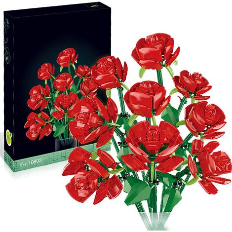 Bouquet de Fleurs en Blocs de Construction Ensemble Exquis Beau Fleurs en Blocs pour Cadeau de Saint-Valentin Neuf Roses (1/5)