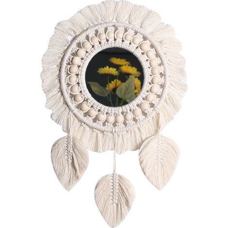 Mural à Franges en macramé avec Pendentif en Plumes de Perles de Bois Miroir Rond d'art Mural pour Couloir De Chambre à Coucher Salon Décor à La Maison (feuille) (1/5)