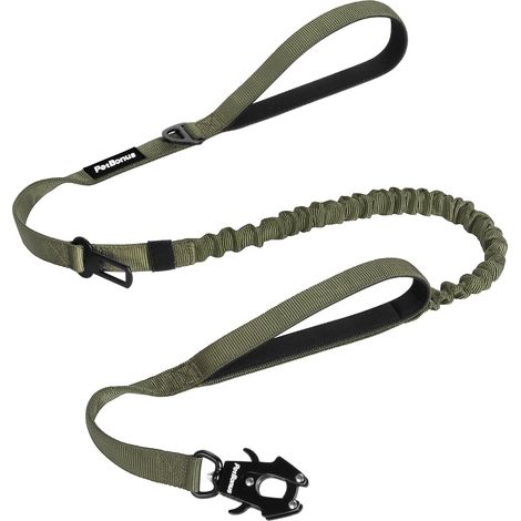 Heavy Duty Tactical Dog Lead, 1.5 m Bungee Dog Lead with 2 Padded Handles, Car Seat Belt, No Pull Training Lead for Large and Medium Dogs (Army Green) (1/5)
