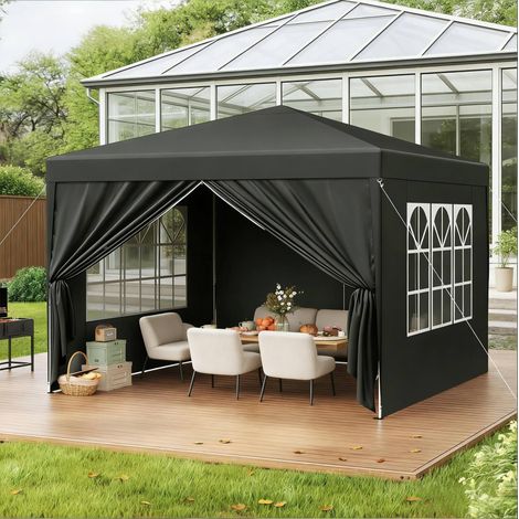 Carpa de jardín plegable de 3x3 m, altura regulable, con paredes laterales y techo Oxford impermeable, color gris metalizado. (1/5)