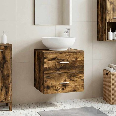 Meuble sous vasque mural avec lavabo, 2 tiroirs, bois d’ingénierie, chêne fumé, 49,5 x 44,5 x 66,5 cm - PANGIVO (1/5)
