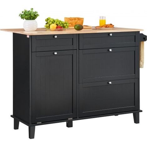 Chariot d'îlot de cuisine, 1200 mm, desserte de cuisine de dessus en bois avec poubelle inclinable et armoire de rangement de 45 L noir (1/3)
