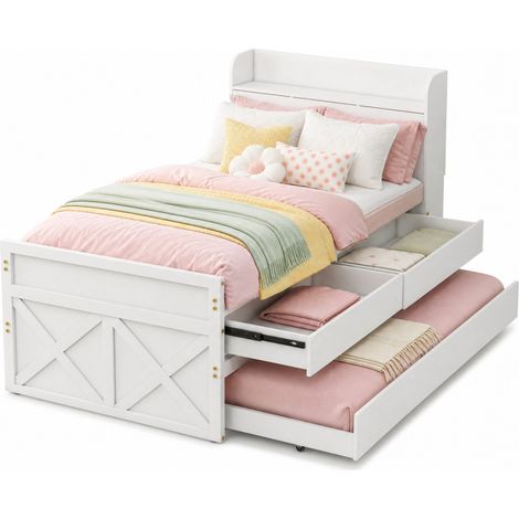 Lit simple enfant 90x190 cm avec gigogne et 2 tiroirs, blanc, en bois, sans matelas - FLORAGRACE (1/5)