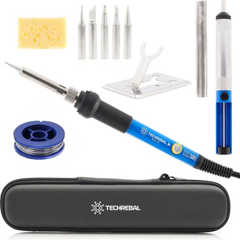 Saldatore Techrebal "Blue Jet" TBJ60W 10 in 1 in una custodia con potenziometro da 60W + kit di saldatura completo