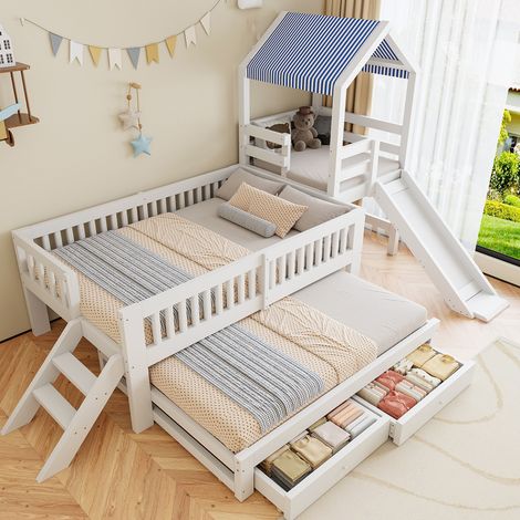 Lit cabane superposé enfant en bois massif 90x200 cm avec lit gigogne 90x190, toboggan, escalier, tiroirs et toit en tissu, Blanc (1/5)