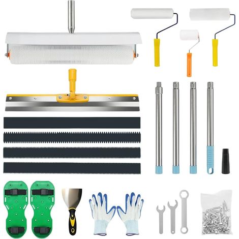 Kit rouleaux aération revêtement sol, rouleau à pointes mortier autonivelant, raclette, chaussures à clous, perche télescopique, gant, lisseuse – pour résine époxy et chape autonivelante (1/5)