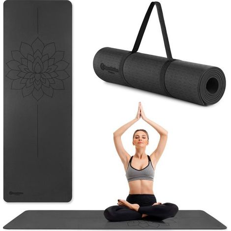 Tapete de Yoga Fitness TPE 6mm Alineación Correa de Transporte Dim 183x61cm Negro (1/5)