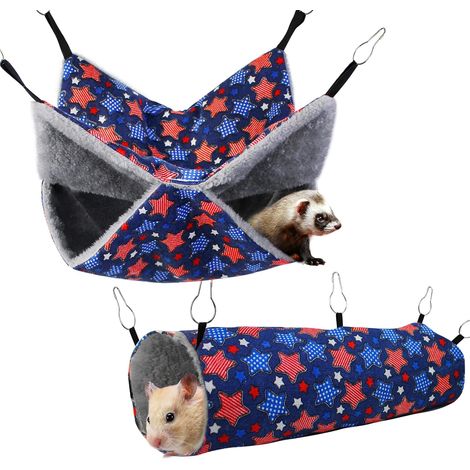 Hamac pour furet, rat, cochon d'Inde, jouets doux pour hamster, tunnels et tubes suspendus, cachette, jeu et sommeil, lot de 2, étoile bleue (1/4)