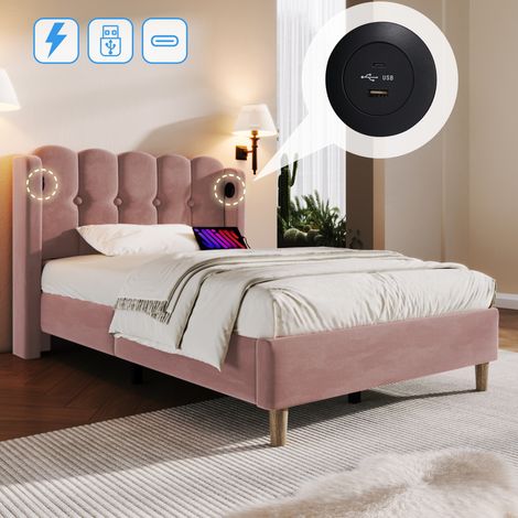 Cama individual 103/208/103 cm rosa de terciopelo con cabecero acolchado y puertos USB y USB-C (1/5)
