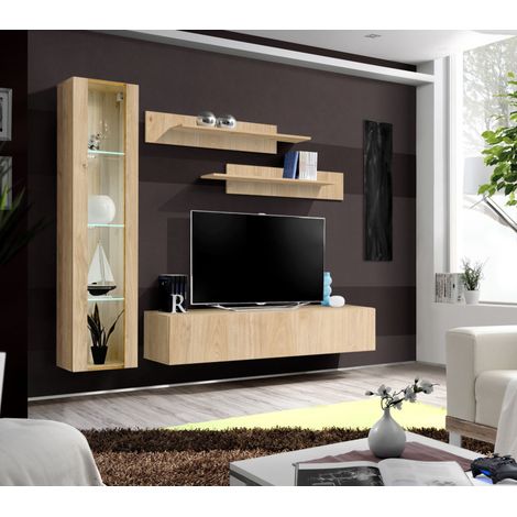 Ensemble meuble TV mural Fly G2 avec vitrine et éclairage LED - Bois MDF chêne Hickory Jackson - 200 x 170 x 40 cm - Livraison gratuite