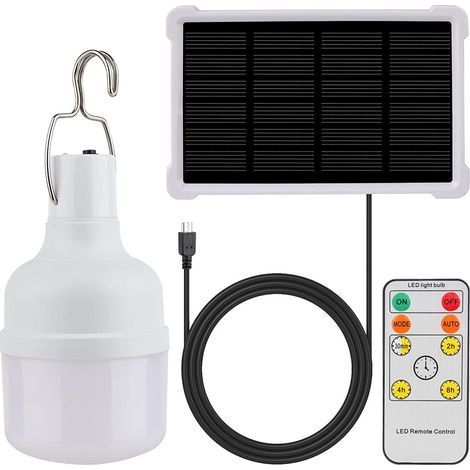 Solar Light Bulb - 3 W - Integrated Solar Panel - 3.5 M Charging Cable - Remote Control - For Camping Garden Shed Outdoor Use - Pack Of 2 (1/4)