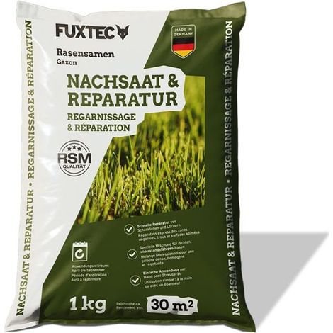 FUXTEC Semences de gazon FX-RSNR1 – Sursemis et réparation 1kg pour 30m² – germination rapide – mélange robuste soleil & ombre