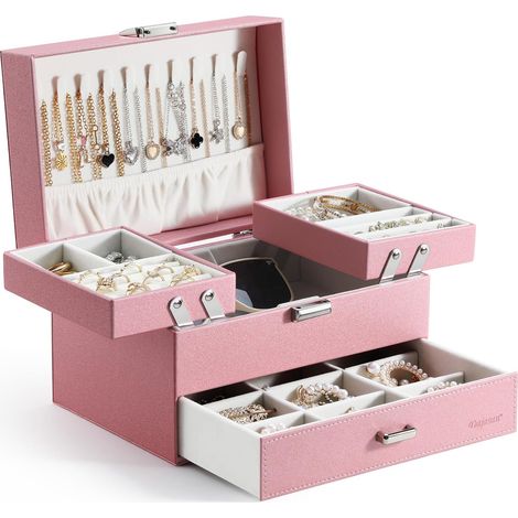 Boite Bijoux Élégante, Boîte à Bijoux, 3 Couches Grande Coffret a Bijoux avec Support Métallique Mobile, Boite Cadeau Bijoux pour Saint Valentin, Noël, Nouvel An, Fête des Mères (Rose)