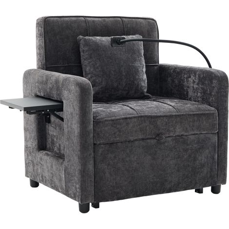 Fauteuil convertible 2 en 1, canapé-lit une place, fauteuil en chenille (avec coussin et poches latérales), avec petite table d’un côté et sac de rangement de l’autre côté Gris
