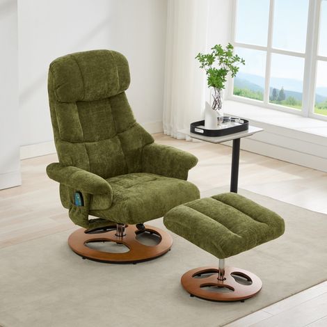 Fauteuil inclinable confortable avec massage et fonction chauffage, fonction position inclinable et tabouret, tissu chenille vert
