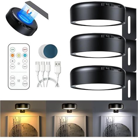 Lot de 3 Eclairage Tableau Sans Fil, Eclairage Tableau LED Sans Fil Rechargeable, Lampes Magnétiques avec Télécommande, 3 Couleurs et Fonction de Minuterie, pour Galerie Vitrines (Noir) (1/5)