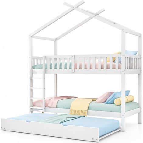 Lit enfant cabane 90x200 cm 3 en 1 avec lit gigogne, bois de pin blanc, sécurité renforcée pour chambre partagée, CHICFURN (1/5)