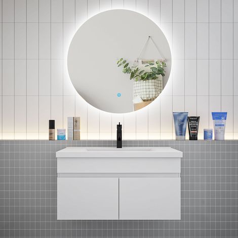 Aica Ensemble meuble Salle de Bain L.80cm Blanc + vasque + Miroir rétro-éclairage & Tricolore 80cm