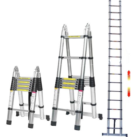 5m Teleskopleiter Trittleiter 2,5m + 2,5m Klappleiter, robuste Rostfreier Stahl-Ausziehleiter für Zuhause, Büro, Dachboden, Wohnmobil, platzsparend, 150 kg Tragfähigkeit, EN131-zertifiziert (1/5)