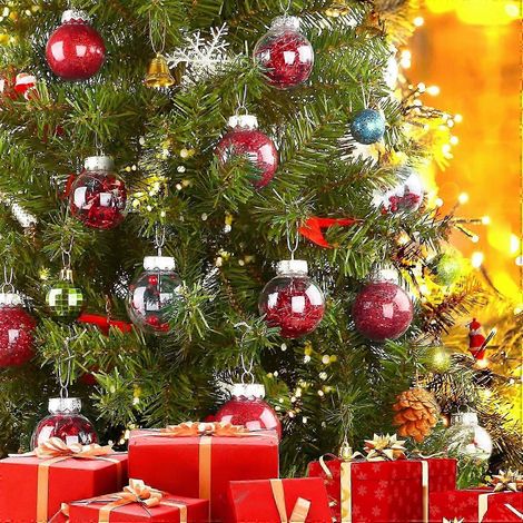 Boules de Noël rouges pour décoration de sapin, 6 cm, lot de 24, boules de Noël transparentes et scintillantes avec fil de suspension, Noël (1/5)