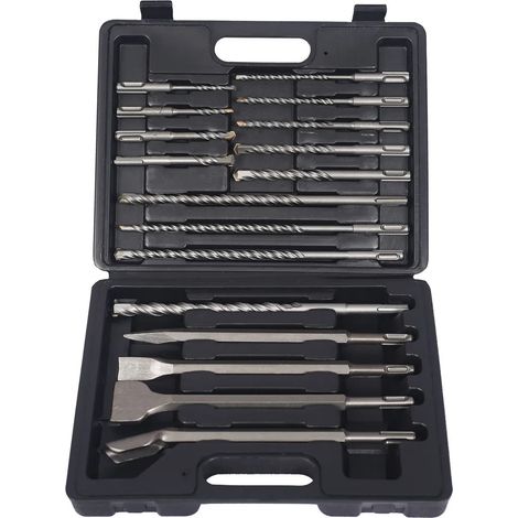 Coffret de 17 forets à percussion SDS Wiltec pour perceuses à percussion électriques, comprenant forets et burins, forets à béton et à pierre en acier. (1/3)