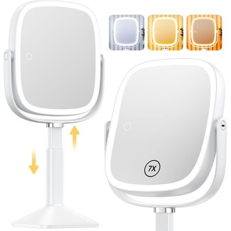 Miroir de Maquillage rectangulaire éclairé avec lumières 3 Couleurs, Hauteur réglable et grossissement x1/7x, Batterie Rechargeable 4000 mAh pour Chambre à Coucher, Grande Surface de 21,6 x (1/5)