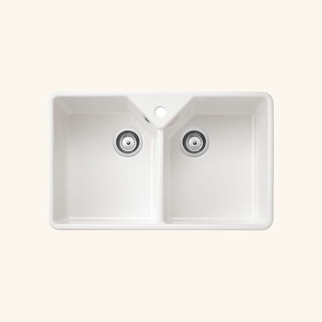Évier céramique blanc 2 bacs 793x491 – Bonde et trop plein inclus – Pose à poser – Pour sous-meuble 80 cm – Sanindusa (1/5)