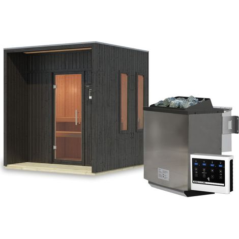 Sauna Extérieur 4.7m² Bois Noir 2-4 Places Poêle 9kW Karibu Arcadia (1/5)
