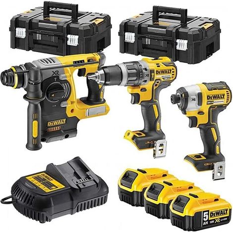 DEWALT DCK368P3T-QW - Triple Kit de Taladro percutor compacto, Atornillador de impacto sin escobillas, Taladro sin escobillas SDS-Plus, XR 18 V 5 Ah Li-Ion, 3 baterías, 2 cajas TSTAK (1/5)