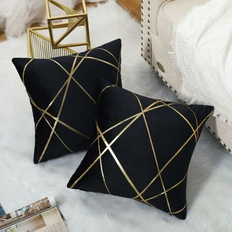 Housse de Coussin 45×45cm Velours Coussin Noir Décoratifs Housses d'oreiller Lignes Dorées Géométrie Coussin Salon Chambre Banc Taie Coussin canapé Lot de 4 (1/5)