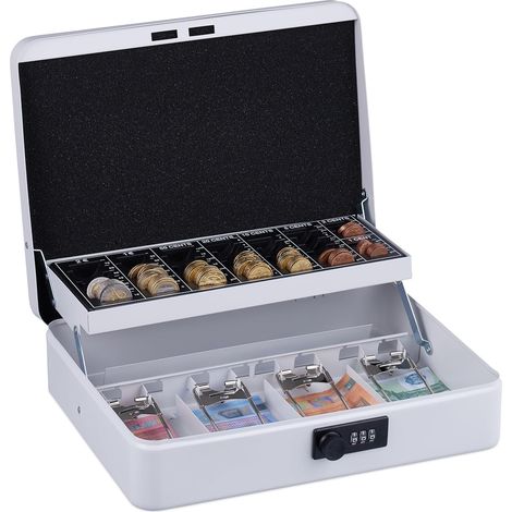 1 Caisse à monnaie, combinaison 3 chiffres, compartiments divisés, fer poudré, blanc mat, transportable