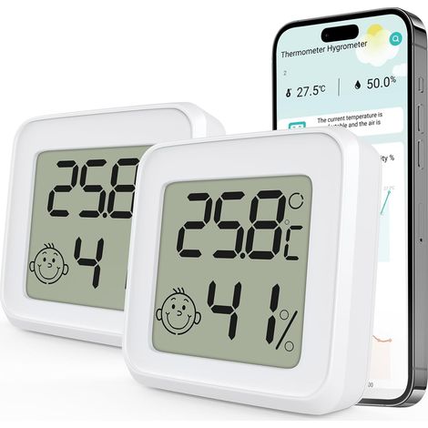 Thermomètre Hygromètre Interieur Connecté, 2pcs Numérique Thermomètre Intérieur, Petit Moniteur Capteur de Température et Humidité, Connecté App Bluetooth avec Ecran LCD pour Maison Cave Vin (1/5)