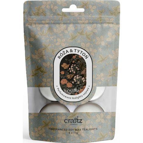 Candele tealight in soia al profumo di rosa e tabacco, confezione da 6 pezzi.