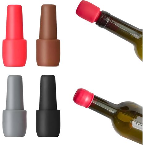 Lot de 4 bouchons réutilisables en silicone pour bouteilles de vin — 2,8 x 7 cm — Adaptés aux bouteilles de vin, de champagne et de bière