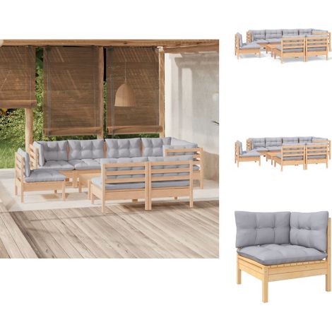 Gartenmöbel-Sets - Living 9-tlg. Garten-Lounge-Set mit Grauen Kissen Kiefer Massivholz (1/5)