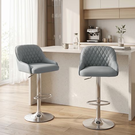 Set 2 tabourets de bar avec dossier, rotatifs et réglables en hauteur, faux cuir, gris clair (1/5)