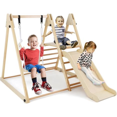 COSTWAY Indoor Jungle Gym Kids 3-in-1 Foldable Wooden Climbing Toys Natural