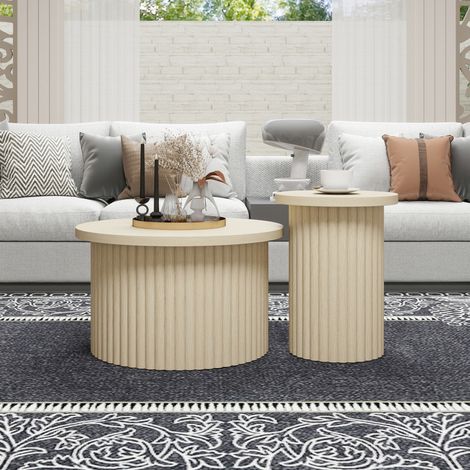 Set de 2 tables basses rondes avec effet bois naturel, structure ondulée, plateau en MDF (1/5)