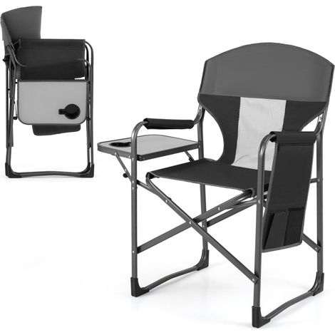 Chaise de camping pliante noire en métal avec porte-gobelet et poche de rangement pour camping pêche et pique-nique (1/5)