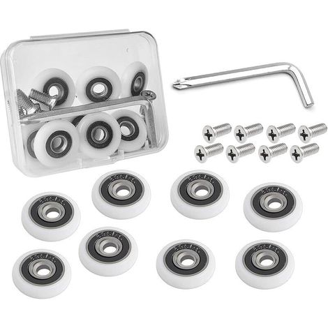Lot de 8 roulettes de rechange pour porte de douche en acier inoxydable avec vis et kit d'outils dans un coffret en plastique compact (diamètre des roues de 19 mm, classique, option 2) (1/4)