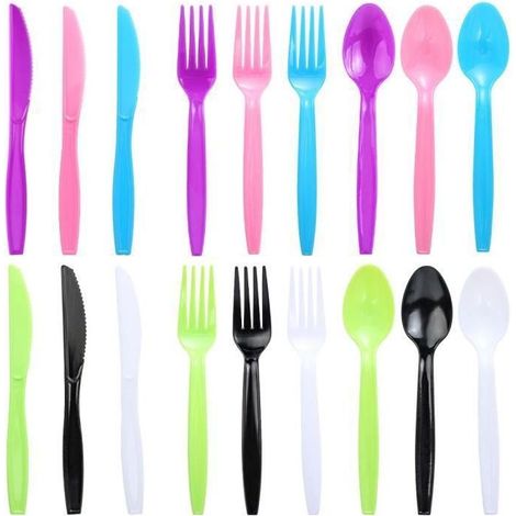 180Pcs Couverts en Plastique Réutilisables 6 Couleurs avec Couteaux, Fourchettes et Cuillères, Vaisselle de Camping pour Cuisines (1/4)