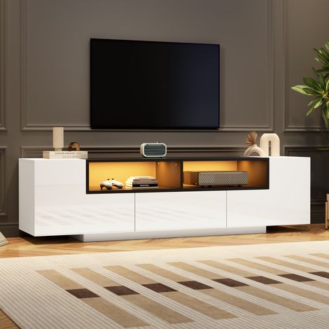 Meuble TV blanc brillant 180x40x48cm, buffet bas avec éclairage LED, support télé L-Forme tiroirs, meuble salon pour écran 75 pouces, blanc+noir