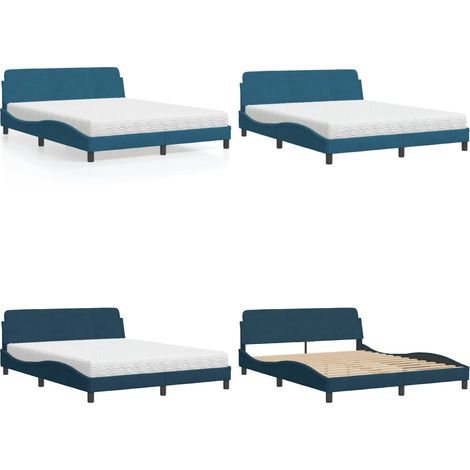 Lit avec matelas bleu 160x200 cm velours - Lit Double - Lit Plateforme - Lit Design - Lit Velours - Literie - Home & Living (1/5)