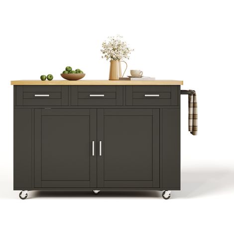 CHICFURN Isla de cocina móvil con encimera abatible, armario auxiliar con 3 cajones, organizadores extraíbles, enchufes USB y ruedas con freno, 120x45/70x84 cm (1/5)