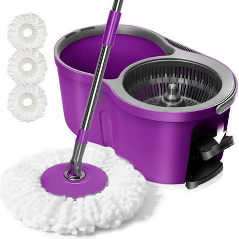 Cubo escurridor, cubo para fregona con flecos y pedal, cubo para fregona con cabezal giratorio 360°, fregona con 3 paños de microfibra reutilizables, para limpieza de suelos (1/5)