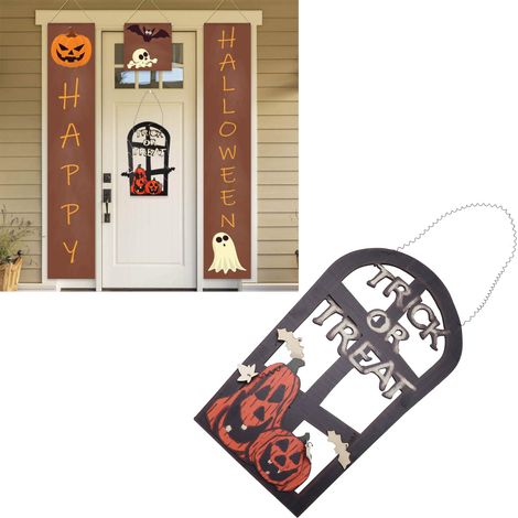 Halloween-Dekorationen, LED-Lichterketten in Form von Grabsteinen, Türdekorationen, Willkommensschilder in Form von Kürbissen und Totenköpfen, Wanddekorationen, Hängeschilder, handgefertigte Artikel. (1/5)