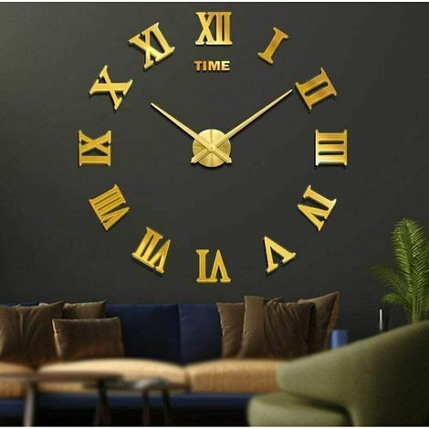 Muet bricolage sans cadre grande horloge murale chiffres romains 3D miroir autocollant décorations pour la maison (or) Décoration murale