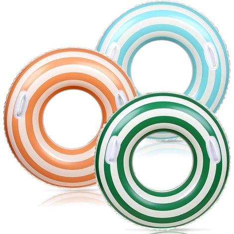 Lot de 3 bouées gonflables avec poignées, style rétro, à rayures orange, vertes et bleues. (1/5)