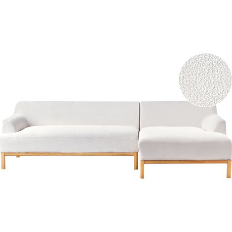 Sofá esquinero elegante patas de madera sala de estar tela de bouclé blanco crema izquierdo Sosjo